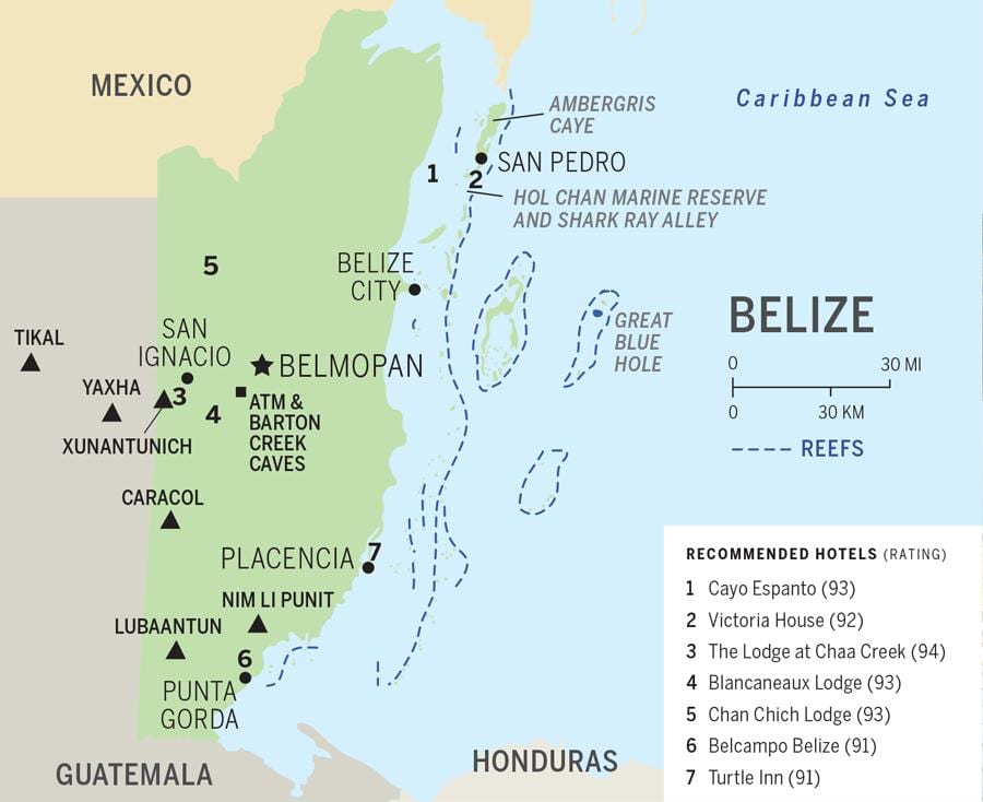 Kart over Belize strender