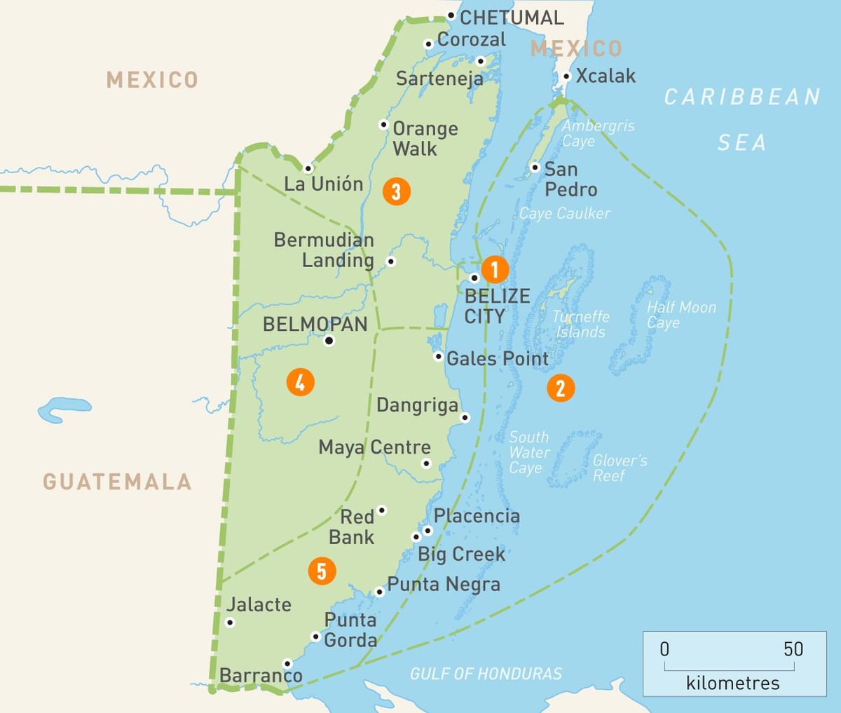 Kart over Belize og omkringliggende land