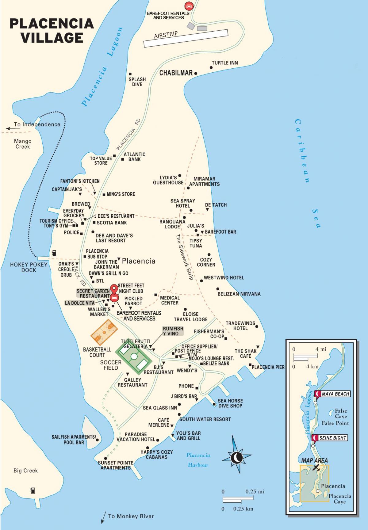 kart av placencia landsbyen Belize