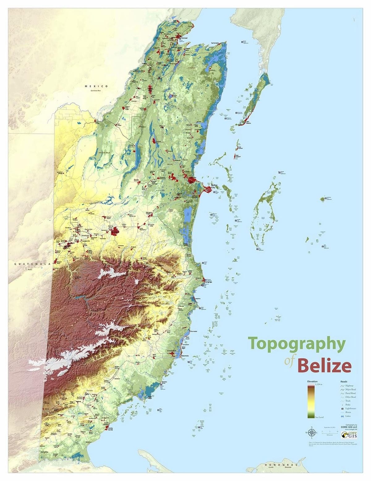 Topografisk kart over Belize